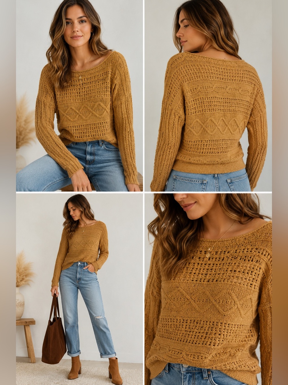 Abercrombie & Fitch Camel Textured Sweater Cozy Boho Cottagecore Rolled Bateau S